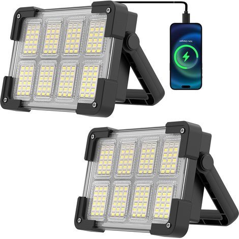 Faro LED ricaricabile, faro portatile per cantieri edili con energia solare e batteria da 6000 mAh, 4 modalità, luce per cantiere, campeggio, garage, emergenza, officina (2 pezzi) (1/5)