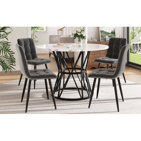 Ensemble table à manger ronde 5 pièces 100 cm diamètre pieds métal noir plateau marbre MDF,chaises velours gris.