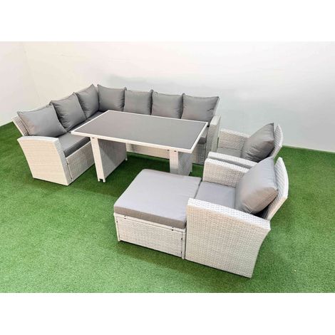 Fimous 9 Seater Wicker Rattan Corner Sofa Sets Outdoor Garden Furniture Sets with Rectangular Dining Table Lounge Sofa Big Footstool Light Grey (1/5)