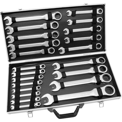 Set di Chiavi Inglesi a Cricchetto 22 pezzi, 6-32mm Set di Chiavi a Cricchetto Snodate Set di Chiavi Combinate Chiave a Bocca Set di Chiavi ad Anello con Scatola