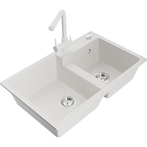 Mexen Tomas fregadero de granito de 2 compartimentos con grifo de cocina Duero, blanco - 6516-20-671600-20 (1/5)