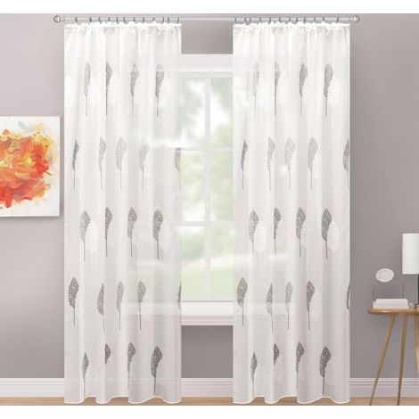 JSSEVN - Set of 2 curtains with gathered heading tape, 100 x 250 cm, semi-sheer, grey leaf pattern, white (1/2)