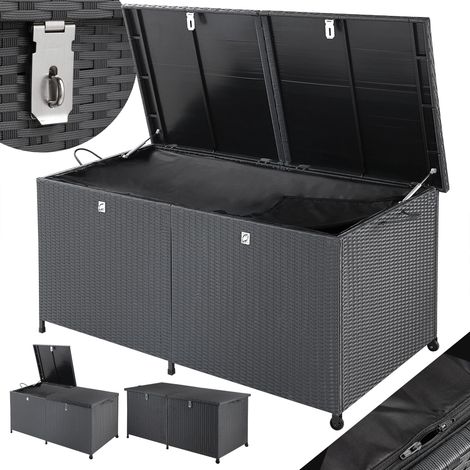 Casaria – Coffre de jardin en polyrotin 625 litres – Banc noir sur roulettes – Couvercle à vérins à gaz – Résistant aux intempéries (1/8)