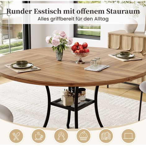 Table ronde 100cm pour 4 à 6 personnes, plateau MDF effet noyer, piètement métal noir design X, étagère intégrée, style industriel contemporain, rangement supplémentaire pratique (1/5)