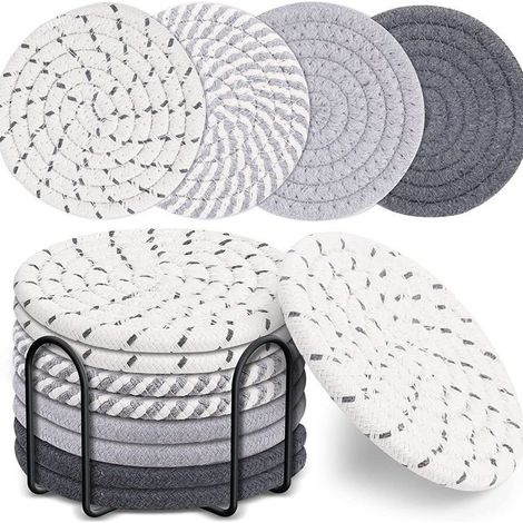 Lot de 8 sous-verres avec support (Série grise) - Sous-verres ronds de 11 cm en coton tissé absorbant pour la protection des tables (1/5)