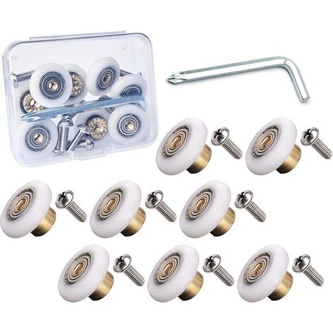 Lot de 8 roulettes de rechange pour porte de douche en acier inoxydable avec vis et kit d'outils dans un coffret en plastique compact (diamètre des roues de 19 mm, classique, option 1) (1/4)