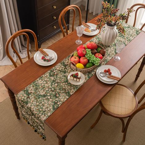 Chemin de Table en coton 33x180cm Style vintage village avec Frange Vert (1/5)