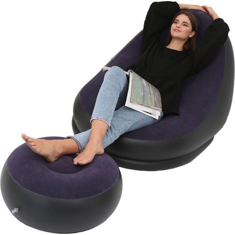 Fauteuil gonflable pliable en PVC floqué confortable avec repose-pieds, idéal pour le camping et les voyages en plein air, couleur bleu violacé. (1/4)