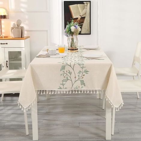 Nappe rectangulaire - Haute Qualité - Beige - 140 x 180 cm - Broderie Feuilles Vertes - Lavable en Machine (1/4)