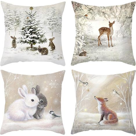 QAZQA 4PCS Taies d'oreiller Animaux Housse de Coussin pour Hiver Noël Nouvel an Lapin Cerf Forêt Sapin de Noël Taie Décorative Sofa Décoration Maison Salon 45 x 45 cm (1/5)