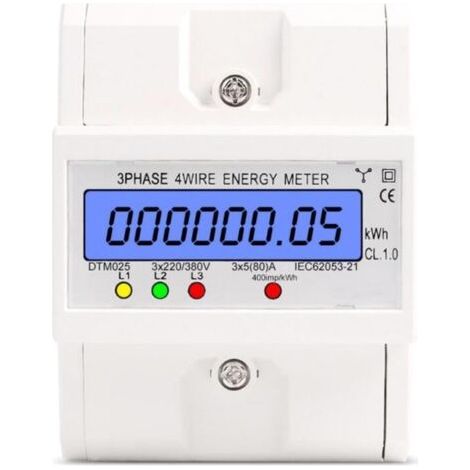Compteur d'énergie triphasé à 4 fils 220/380V 5-80A Consommation d'énergie Compteur kWh Installation sur rail DIN Compteur d'énergie électrique numérique avec écran LCD rétroéclairé Blanc (1/5)