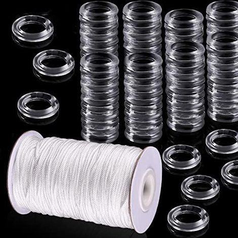 Lot de 100 anneaux de rideaux romains transparents et cordon de store romain de 50 m de 8 à 13 mm avec anneaux en plastique transparent de 1,8 mm Blanc tressé Cordon d'ombrage pour rideaux (1/5)