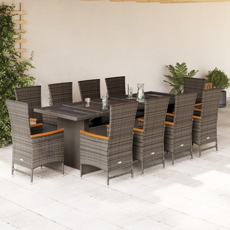 Ensemble repas de jardin 11 pièces en poly rotin gris, chaises inclinables et coussins - PANGIVO (1/5)