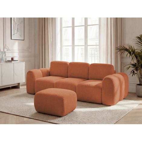 BOBOCHIC - Canapé droit convertible coffre 3 places MONTAIGNE tissu bouclette avec pouf Orange