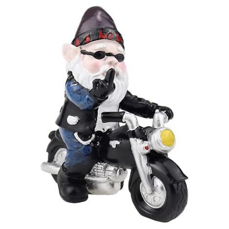 Nain de Jardin en Moto 12 cm x 13 cm Statuette Nain de Jardin Doigt d'honneur Étanche Protection Solaire Résine Statue Moto Décoration pour Terrasse Pelouse Cour (1/4)