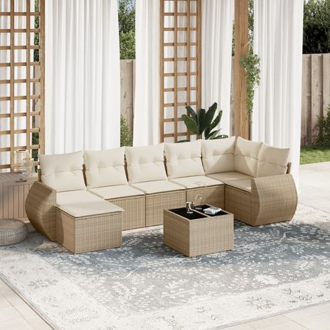 8-tlg. Garten-Sofagarnitur mit Kissen Beige Poly Rattan (1/3)