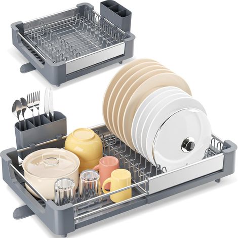 Égouttoir à Vaisselle Extensible, Aluminium Égouttoirs, Egouttoir Vaisselle, égouttoir à Vaisselle réglable avec Bec de Drainage, egouttoir Vaisselle Pliable pour Cuisine Gris