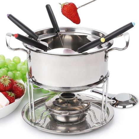 Service à fondue en acier inox Fondue bourguignonne a 6 fourchettes Set à fondue de fromage Pour fromage, le chocolat, la viande, les fruits (Argent o2) (1/5)