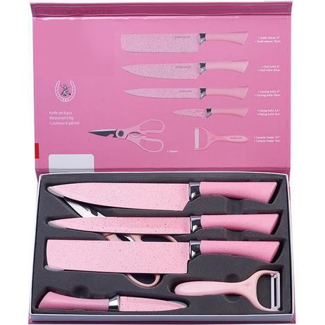 Set mit 6 farbenfrohen Küchenmessern aus Edelstahl mit ergonomischen, pinkfarbenen Griffen zum Schneiden (1/5)