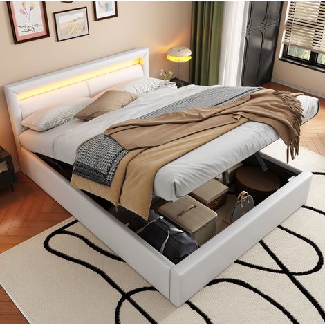 Letto imbottito moderno 140x190 cm con testiera LED, contenitore e rete a doghe, similpelle PU bianca (1/5)