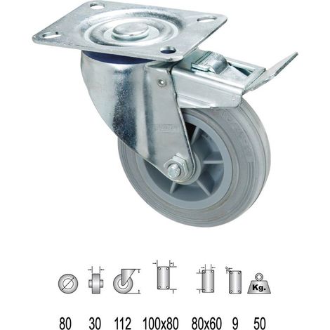 Roulette industrielle en caoutchouc gris avec frein, 80 mm