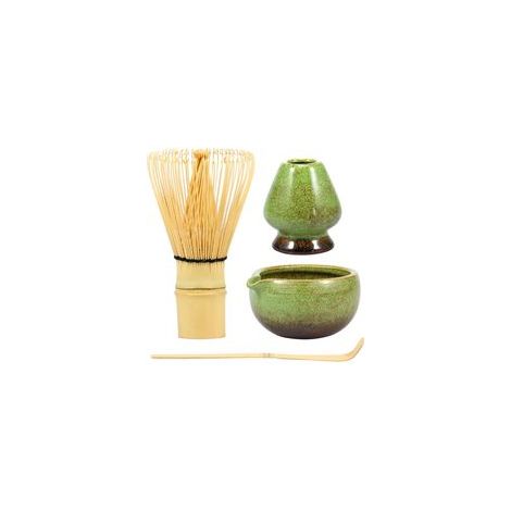 Service à thé 4 pièces, kit Matcha avec bol en céramique multicolore, support et cuillère en bambou, ensemble décoratif . (1/5)