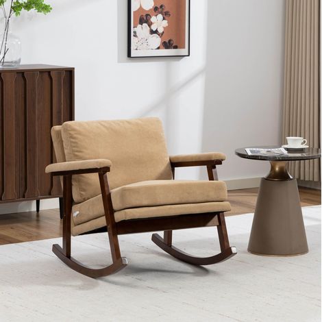 Fauteuil à bascule marron clair en velours avec coussin lombaire et structure en bois (1/5)