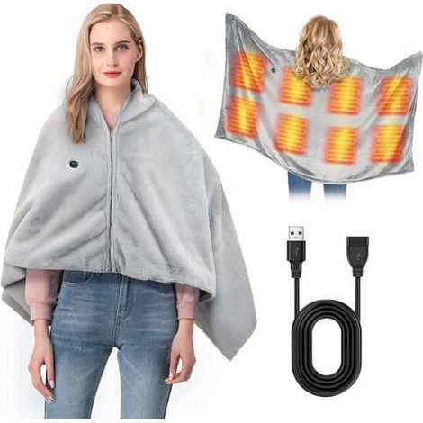 Couverture chauffante électrique et écharpe chauffante USB, sans fil, 3 niveaux de température, écharpe/poncho/châle avec fermeture éclair, piles non incluses (1/5)