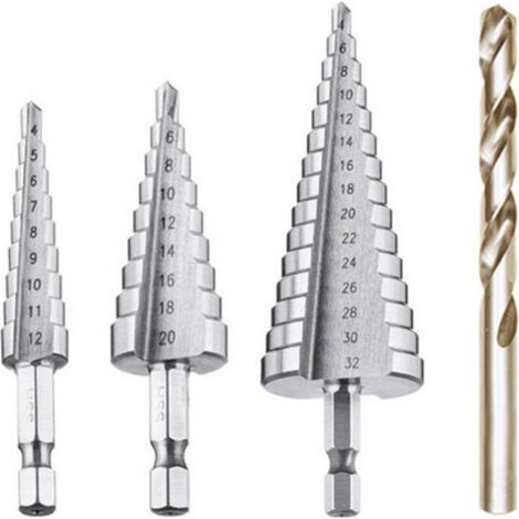 Stufenbohrer-Set, HSS-Metallfräser, 4-teilig, 4–12/20/32 mm, Stufenbohrer aus Stahl, konischer Dreieckbohrer mit Titanbeschichtung, Schraubendreherbohrer für Stahl/Holz/Messing/Kunststoff/PVC – Crezuo
