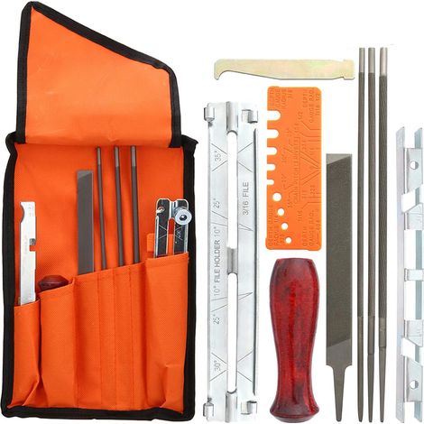Universal Chainsaw Chain Sharpening Kit – 10 Pieces with Round and Flat Files, Ergonomic Handle and Storage Pouch (1/4)
