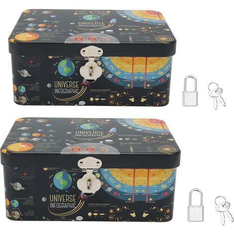 Boîte de Rangement Rectangulaire Étanche en Fer-Blanc avec Serrure et Clés - 2 Pièces, Design Infographie Univers Cartoon pour Bureau et Maison (1/5)