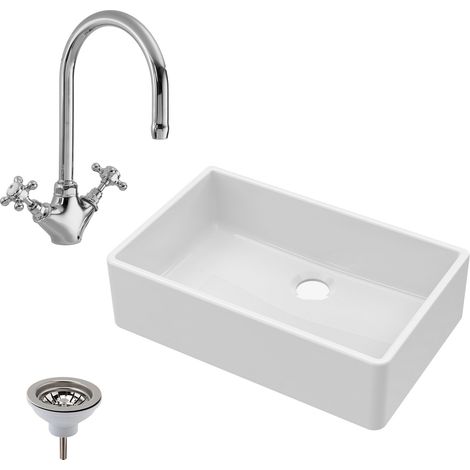 Fireclay 1 Bowl Butler Kitchen Sink with Mono Sink Mixer Tap & Waste 795mm - Ceramic Kitchen Sink & Tap Bundle