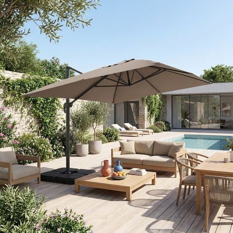 Parasol déporté rectangulaire 3x4m + dalles à lester 50x50cm taupe - Wimereux + Fixeo
