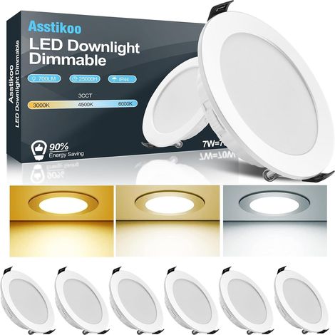 Spot LED Encastrable Dimmable,7W Spot Salle de Bain Extra Plat 25mm, IP44 Étanche Éclairage Plafonnier Trou Φ85-100mm,3000K 4500K 6500K 230V pour Salon,Cuisine Spot LED encastrable à 3 niveaux - IP44 (1/5)