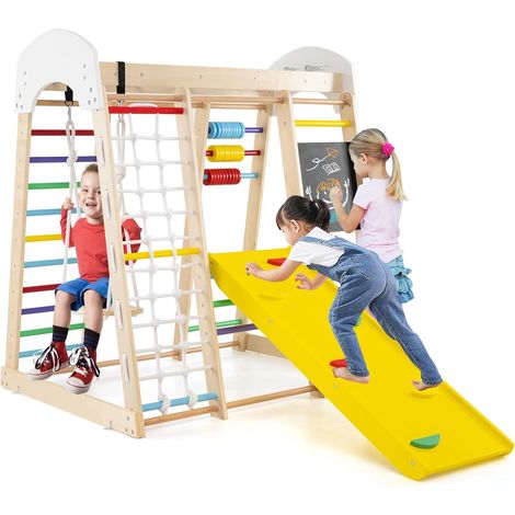 Goplus – Aire de jeux 8 en 1 en bois pour enfants 3 ans + – Toboggan, balançoire, mur d'escalade – Dimensions 124x119x138cm – Activités ludiques et éducatives (1/5)