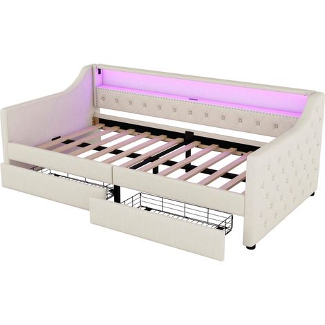 Lit de jour, 90 x 200 cm, canapé-lit, lit de repos avec sommier à lattes (sans matelas), éclairage d’ambiance avec télécommande, lit avec deux tiroirs, port USB, Lin, Beige (1/5)