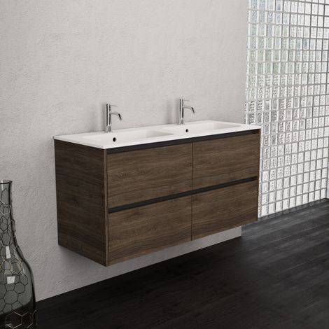 Inda - Badezimmerschrank 4 Schubladen B.120 mit Doppelwaschbecken matt / Eiche braun - Smeraldo (1/5)