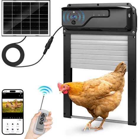 Porte Poulailler Automatique Solaire avec APP/Caméra 1080P, Batterie 5000MAH, 34 x 23 cm, avec Minuterie, Application WLAN / Télécommande, IP65 Accessoire Poulailler