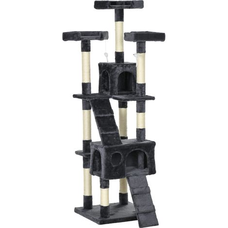 Albero Tiragraffi per Gatti 49x49x173 cm con 3 Posatoi 2 Casette e Giochi Appesi in Legno e Peluche Grigio Scuro (1/5)