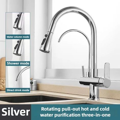 Robinet de cuisine commercial (argenté) avec douchette extractible à double fonction, robinet purificateur d'eau 3 en 1 avec filtre et mélangeur et tuyaux. (1/5)