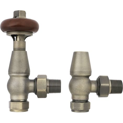 Traditional Antique Design TRV Thermostatic Brass Angled Radiator Valves Pair Antique Brass (1/4)