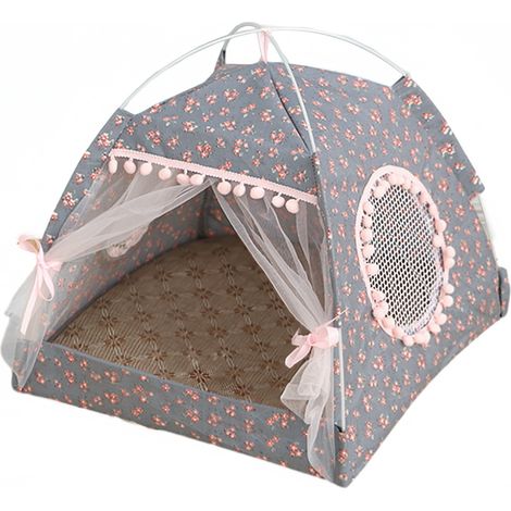 Tente Pour Chat - Cabane Pliable en Tissu avec Fenêtres Respirantes et Rideaux de Porte - 38 x 38 cm - Gris Foncé (1/5)
