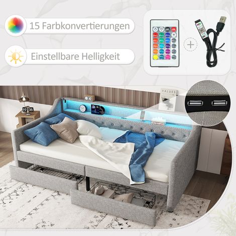 Canapé-lit 90x200 cm, sommier à lattes inclus (matelas non fourni), éclairage ambiant avec télécommande, lit à deux tiroirs, port USB de charge, lin gris.