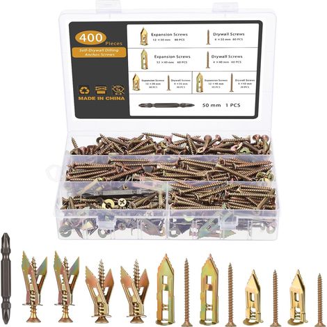 400 Pièces Chevilles avec Vis pour Plaques de Plâtre, 30 mm 40 mm Cheville Beton Vis Cheville Placo Autoforeuses, Chevilles Expansion et Vis Fixations pour Murale en Plaques de Plâtre (1/5)