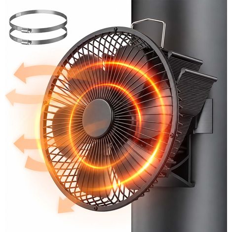 Relaxdays Stove Fan with Guard, Flue Pipe, No Power, 6 Blades, HWD 19x17x19 cm, incl. Clamps, Aluminium, Black (1/5)