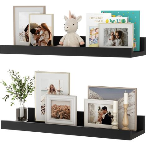 Lot de 2 étagères flottantes 40 cm en bois noir - Étagère murale pour photo, étagère d'enfant pour salon, cuisine, chambre, salle de bain - Organisation de la maison et décoration murale (1/5)