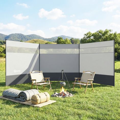 Paravent brise-vent de camping portable pliable avec sac de transport et poteaux en acier dim. 440 cm x 140 cm gris clair