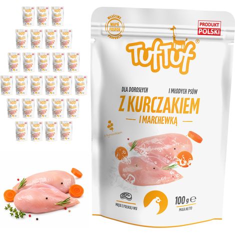 Cibo umido per cani TufTuf, pollo e carota, bustine da 30x100g, carne in scatola. (1/2)