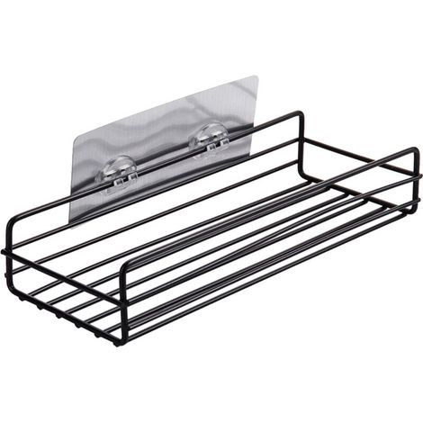 Étagère de Douche Murale en Fer Noir Sans Perçage, Support de Toilette Flottant pour Salle de Bain, Organisateur Minimaliste avec Sticker Invisible (1/5)
