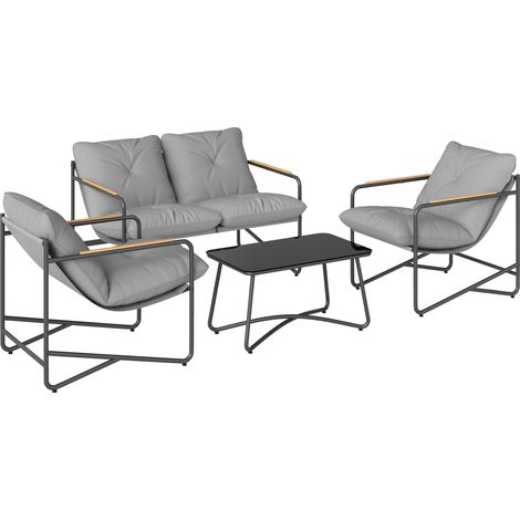 Set 4 Pezzi Salotto da Giardino con Divano 2 Posti e 2 Poltrone con Cuscini in Metallo e Texteline Grigio Chiaro (1/5)
